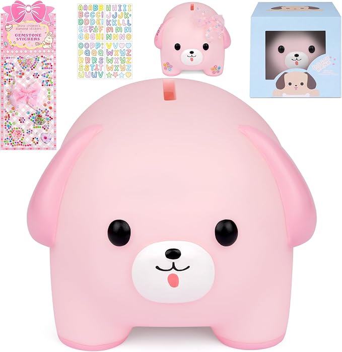 Children's Money Box, Pink Dog Piggy Bank for Girls, Holiday Fund Money Box, Pink Money Box for Adults, Children's Money Box, Piggy Bank for Kids