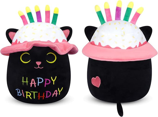 Birthday Cat Plush, 8in Black Cat Plush with Birthday Hats and Candles Cute Plush Toy, Cartoon Cat Stuffed Animal Kawaii Pillow Toy for Boys, Girls, Girlfriend Birthday Gift