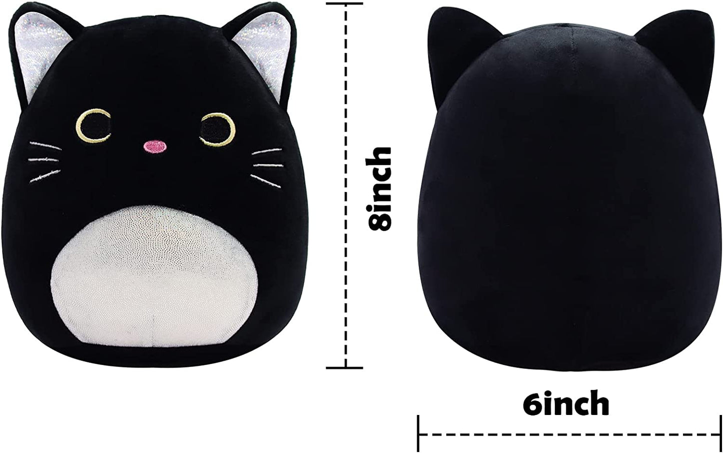 Black Cat Plush Kawaii Plushie, 8'' Cat Stuffed Animals Pillow Cute Silver Ears Black Cat Pillow Plush Toy, Soft Plush Stuffed Cat Doll for Kids Girlfriend Birthday Christmas