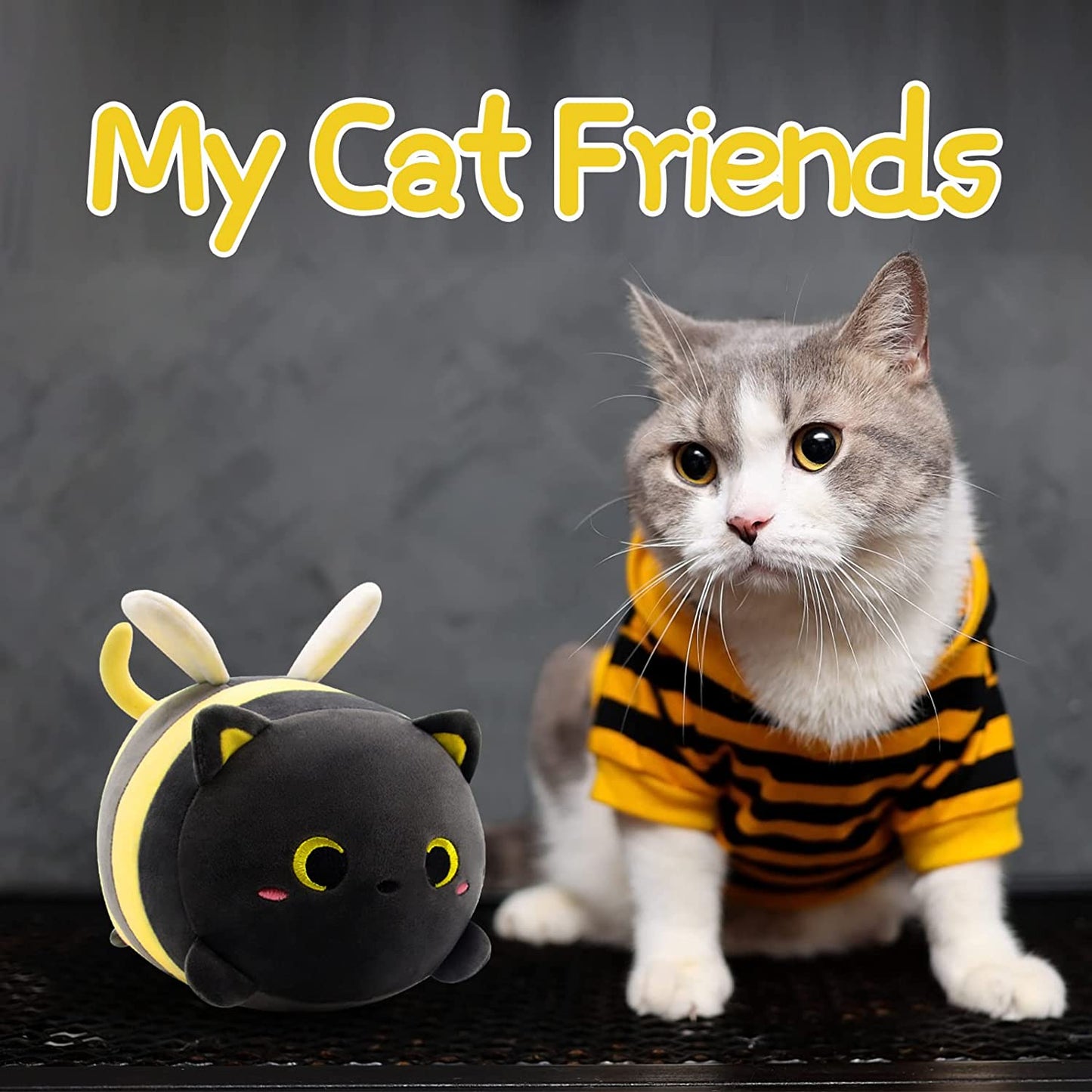 Cute Cat Bee Plush Pillow, 8" Black Cat Bee Stuffed Animal Kawaii Cat Bee Plushie, Soft Black Cat Bee Plush Toy Gift for Kid’s Birthday, Hugging Plush Cat Pillow for Girlfriend