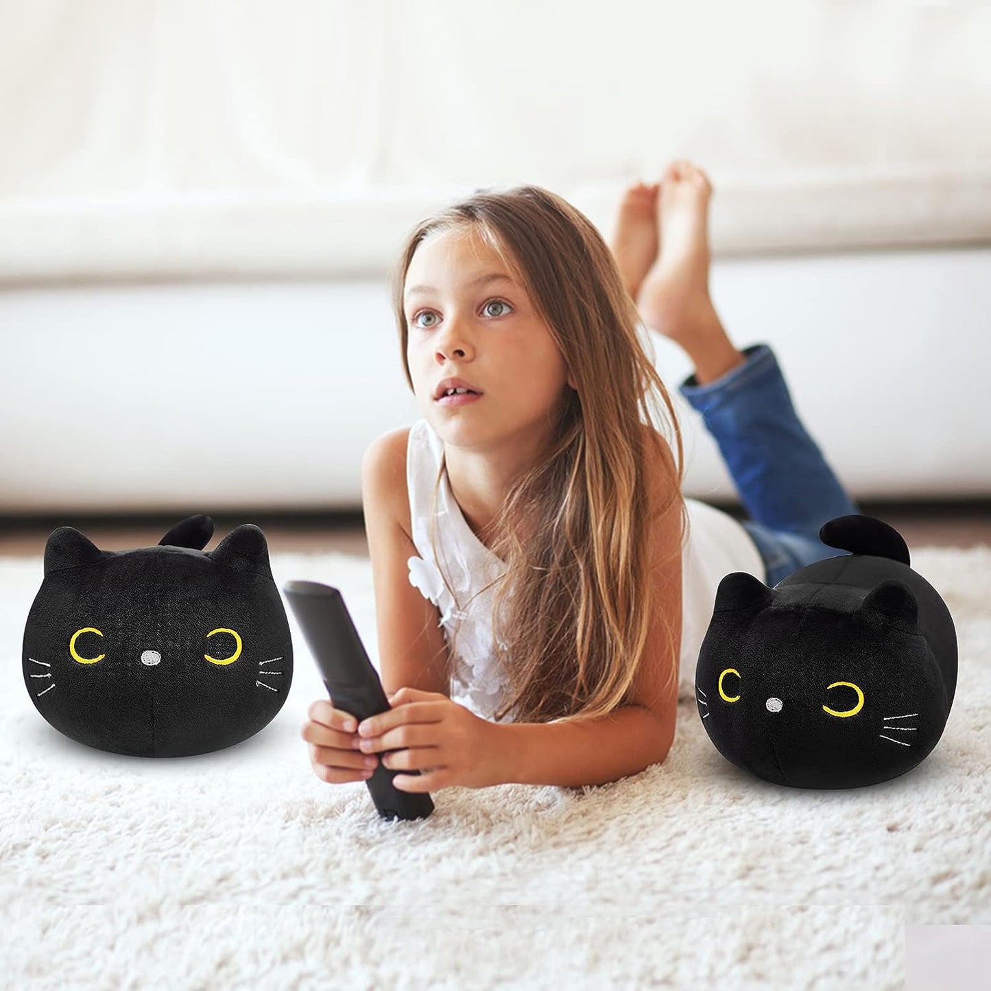 Black Cat Plush, 3D Cat Stuffed Animal Toy Pillow, Kawaii Cat Pillow Black Cat Plushies Cute Round Eyes Kitten Plush Doll Toy for Boys Girls Kids