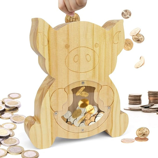 Wooden Piggy Bank for Kids, Clear Piggy Bank with Acrylic Window Cute Coin Bank Boys Girls Piggy Bank, Home Decoration Birthday for Kids Building Money Habits