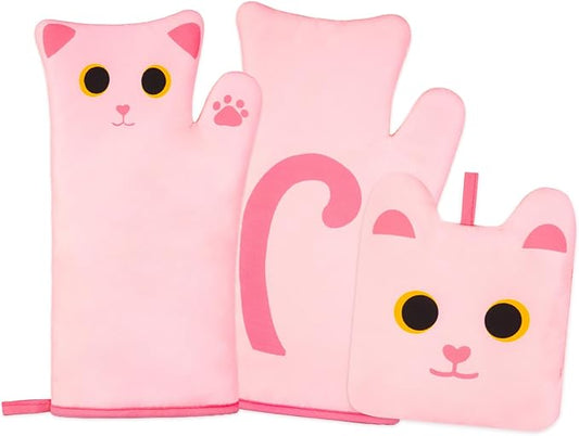 Oven Mitts,Cute Cat Design Cooking Glove,Quilted Cotton Lining,Heat Resistant Oven Mitts and Pot Holders Sets for Baking,Microwave,Cute Oven Mitts for Mom,Housewarming(Pinks)