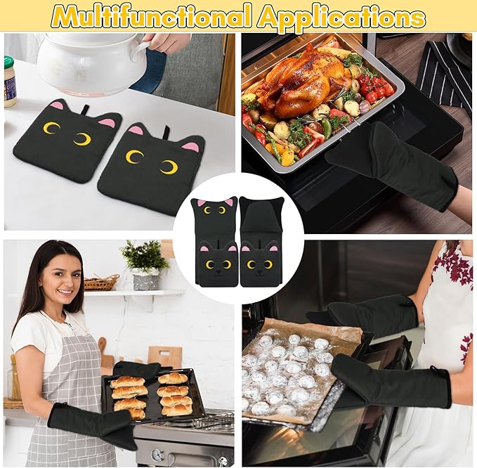 Oven Mitts, Cute Black Cat Oven Mitts and Pot Holders Sets, Funny Silicone Cooking Gloves with Potholders for Kitchen Heat Resistant, Soft Cotton Inner Lining Oven Mitts for Baking, Microwave