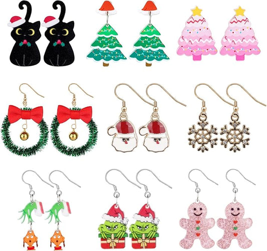 9 Pairs Christmas Earrings for Women,Christmas Jewelry for Women,Christmas Tree Cat Snowflakes Wreath Santa Earrings,Christmas Accessories Decorations