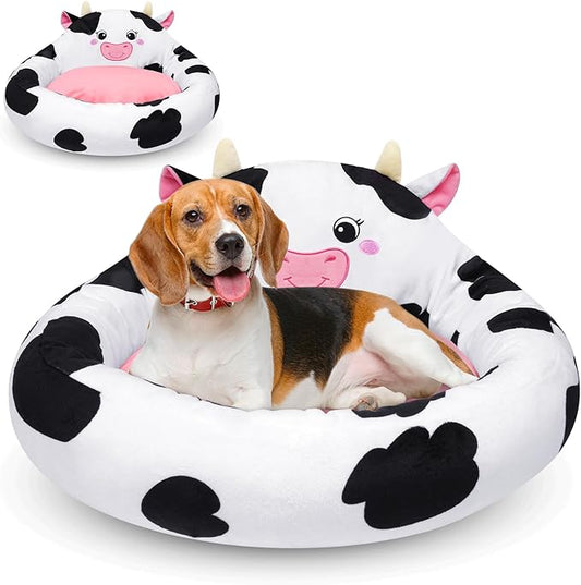 Cow Pet Bed, Cow Dog Bed & Cat Bed, Super Soft Dog Bed for Medium Dogs, Non-Slip Bottom, Washable Round Plush Pet Bed for Small Medium Dogs and Cats