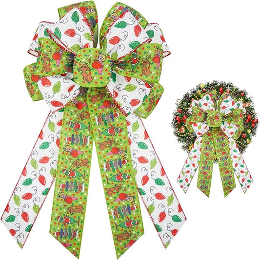 Christmas Bows for Wreath, Christmas Bow Tree Topper Elf Green Xmas Bow, Indoor Outdoor New Year Christmas Tree Bows for Home Front Door Party Garden Wedding 20 X 10 Inch