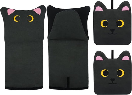 Oven Mitts, Cute Black Cat Oven Mitts and Pot Holders Sets, Funny Silicone Cooking Gloves with Potholders for Kitchen Heat Resistant, Soft Cotton Inner Lining Oven Mitts for Baking, Microwave