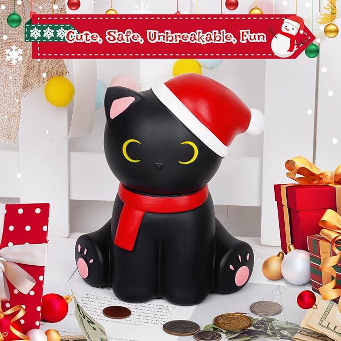 Piggy Bank for Kids, Christmas Black Cat Cion Piggy Bank with Santa Hat, Money Saving Box Cat Piggy Bank for Adults Girls Boys Birthday