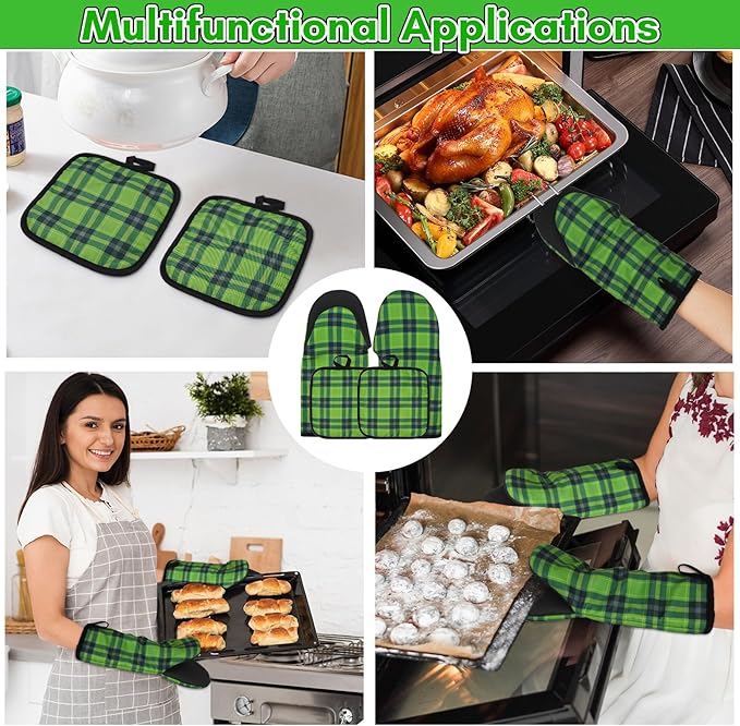 Oven Mitts and Pot Holders Sets, Buffalo Plaid Silicone Cooking Gloves Oven Mitt Set with Potholders for Kitchen Heat Resistant, Soft Cotton Inner Lining Oven Mitts for Baking,Microwave
