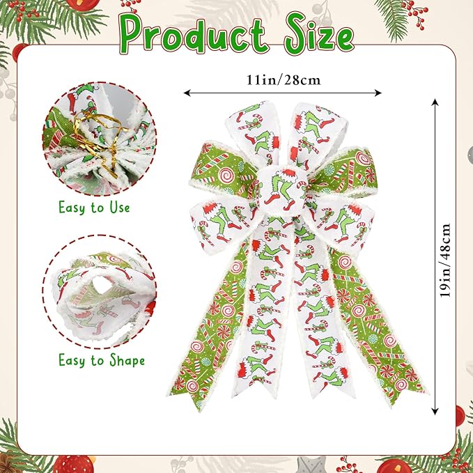 Christmas Bows for Wreath, Elf Candy Xmas Bow 20 X 10 Inch Christmas Tree Toppers Outdoor Green Bows，New Year Christmas Decorations for Front Door Party Garden Wedding