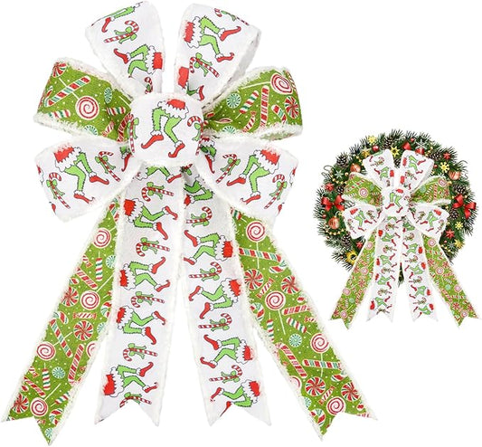 Christmas Bows for Wreath, Elf Candy Xmas Bow 20 X 10 Inch Christmas Tree Toppers Outdoor Green Bows，New Year Christmas Decorations for Front Door Party Garden Wedding
