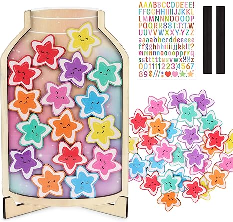 Magnetic Reward Jar, Wooden Star Jar DIY with Letter Stickers Star Jar Reward System Classroom Reward Jar Potty Training, Behavior Management Classroom Tools for Students