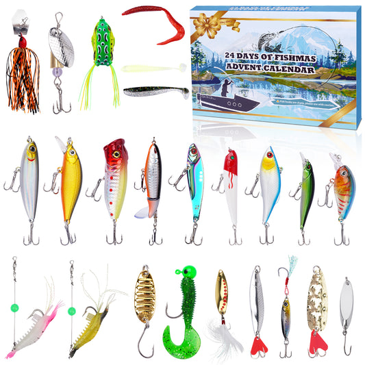 Fishing Advent Calendar 2024, 24 Day Christmas Countdown Fishing Lure Kit Adults Men Teens Boys, Fishing Lure Advent Calendar with Popper Minnow VIB Fishing Bait，Christmas Gift