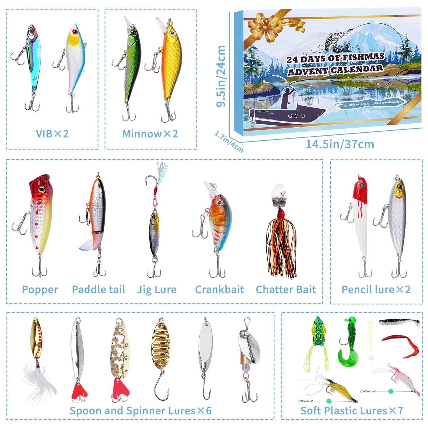 Fishing Advent Calendar 2024, 24 Day Christmas Countdown Fishing Lure Kit Adults Men Teens Boys, Fishing Lure Advent Calendar with Popper Minnow VIB Fishing Bait，Christmas Gift