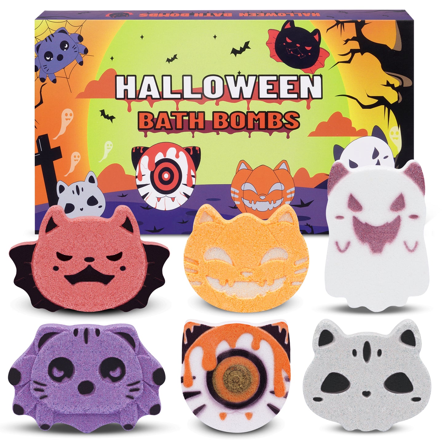 6 Pack Halloween Bath Bombs for Kids, Bubble Bath Bomb Set with Pumpkins Spooky Bats Spiders Basket Stuffers, Halloween Treat Bags Gifts for Kids Girls Boys, Halloween Party Favors
