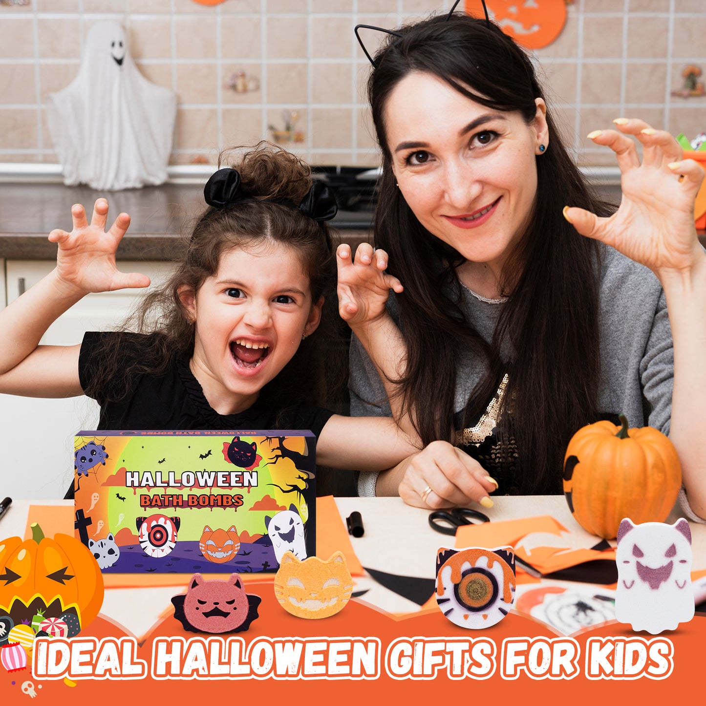 6 Pack Halloween Bath Bombs for Kids, Bubble Bath Bomb Set with Pumpkins Spooky Bats Spiders Basket Stuffers, Halloween Treat Bags Gifts for Kids Girls Boys, Halloween Party Favors