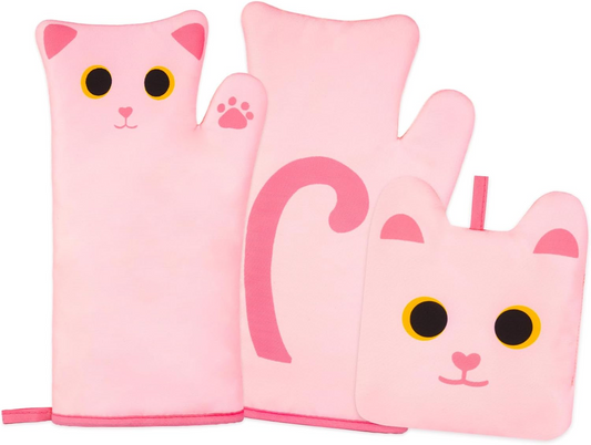 Oven Mitts,Cute Cat Design Cooking Glove,Quilted Cotton Lining,Heat Resistant Oven Mitts and Pot Holders Sets for Baking