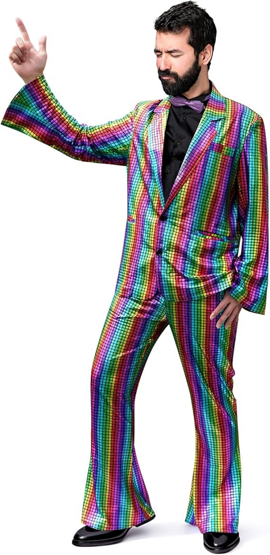 70s Outfits for Men Rainbow Sequin Suit Jacket Bell Bottom Pants 70s Party Prom Suits