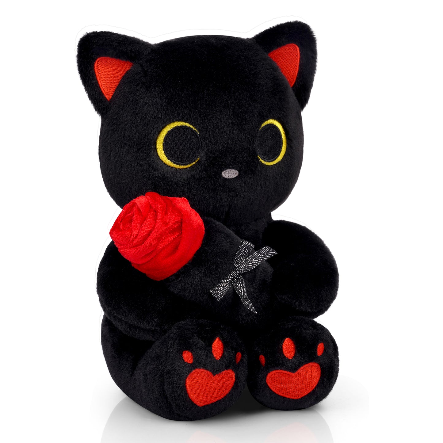 Black Cat Plush Holding Rose, 8 Inch Kawaii Valentines Plushies with Bow & Heart, Cute Plush Toy Soft Valentine's Day Gift for Her, Girlfriend, Wife, Kids