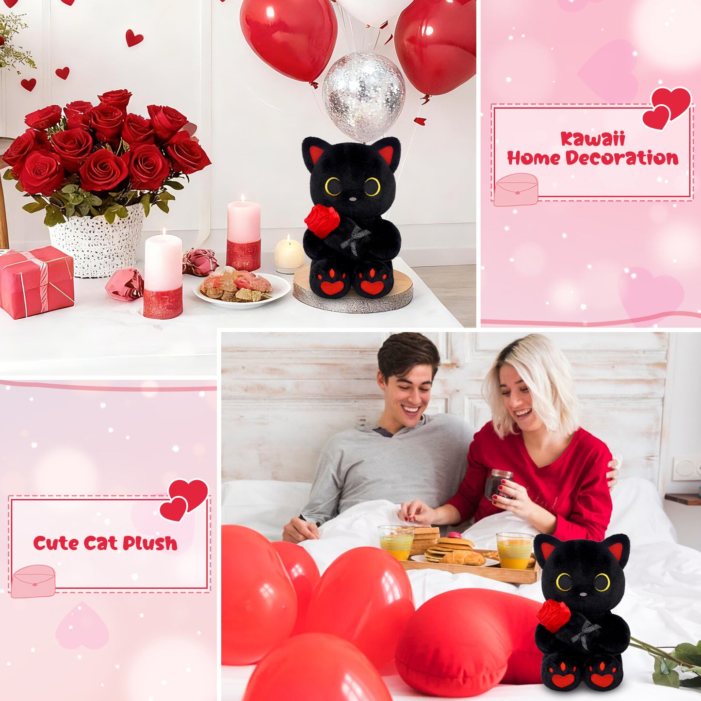 Black Cat Plush Holding Rose, 8 Inch Kawaii Valentines Plushies with Bow & Heart, Cute Plush Toy Soft Valentine's Day Gift for Her, Girlfriend, Wife, Kids