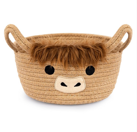 Highland Cute Cow Basket for Nursery, Small Shower Gift Basket, Round Woven Rope Cotton Storage, Baby Blanket 0rganizer with Ears Handles, Blanket Towel Decor Storage Bins