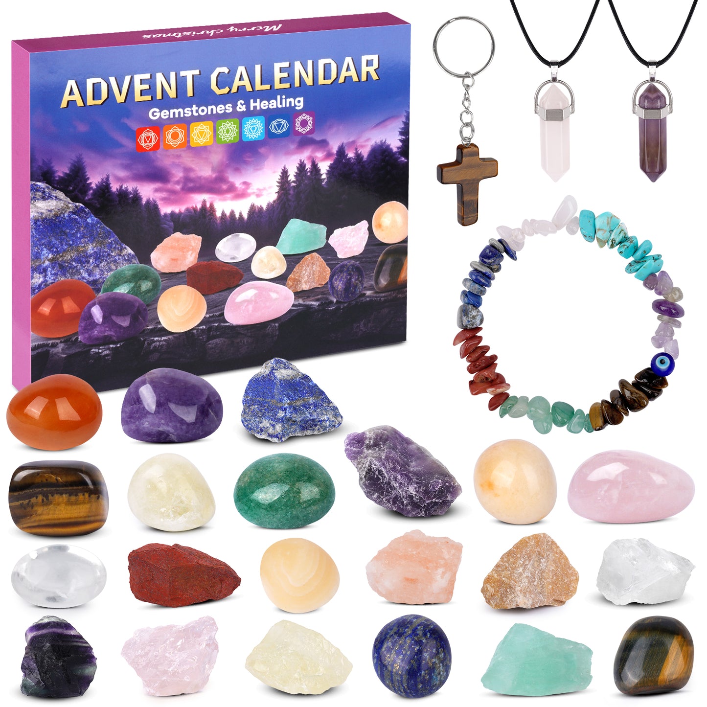 Advent Calendar 2024 Crystals Adult, 24 Day Christmas Countdown with Chakra Healing Crystal Gemstone, Xms Gifts for Women Boys & Beginners to Learning,Collection,Meditation,Yoga