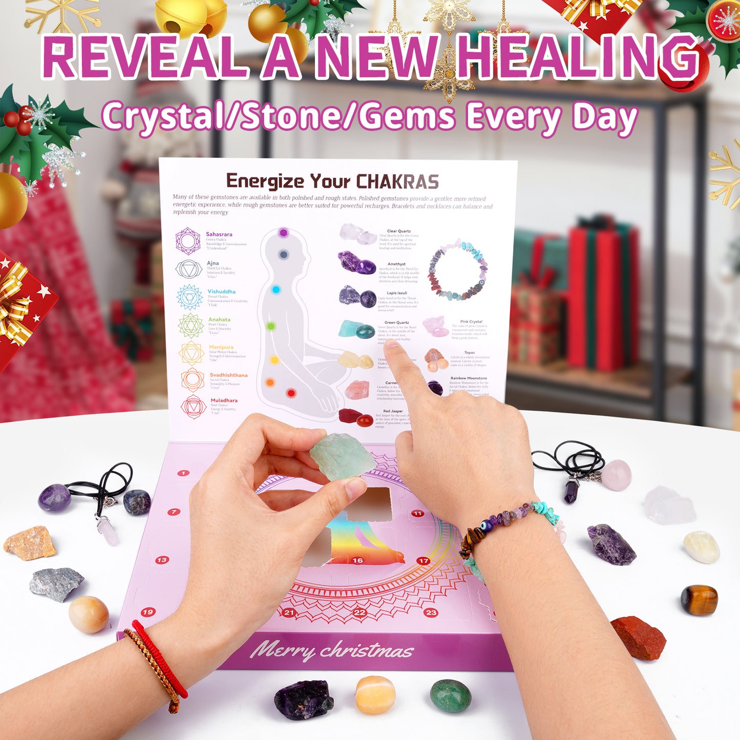 Advent Calendar 2024 Crystals Adult, 24 Day Christmas Countdown with Chakra Healing Crystal Gemstone, Xms Gifts for Women Boys & Beginners to Learning,Collection,Meditation,Yoga