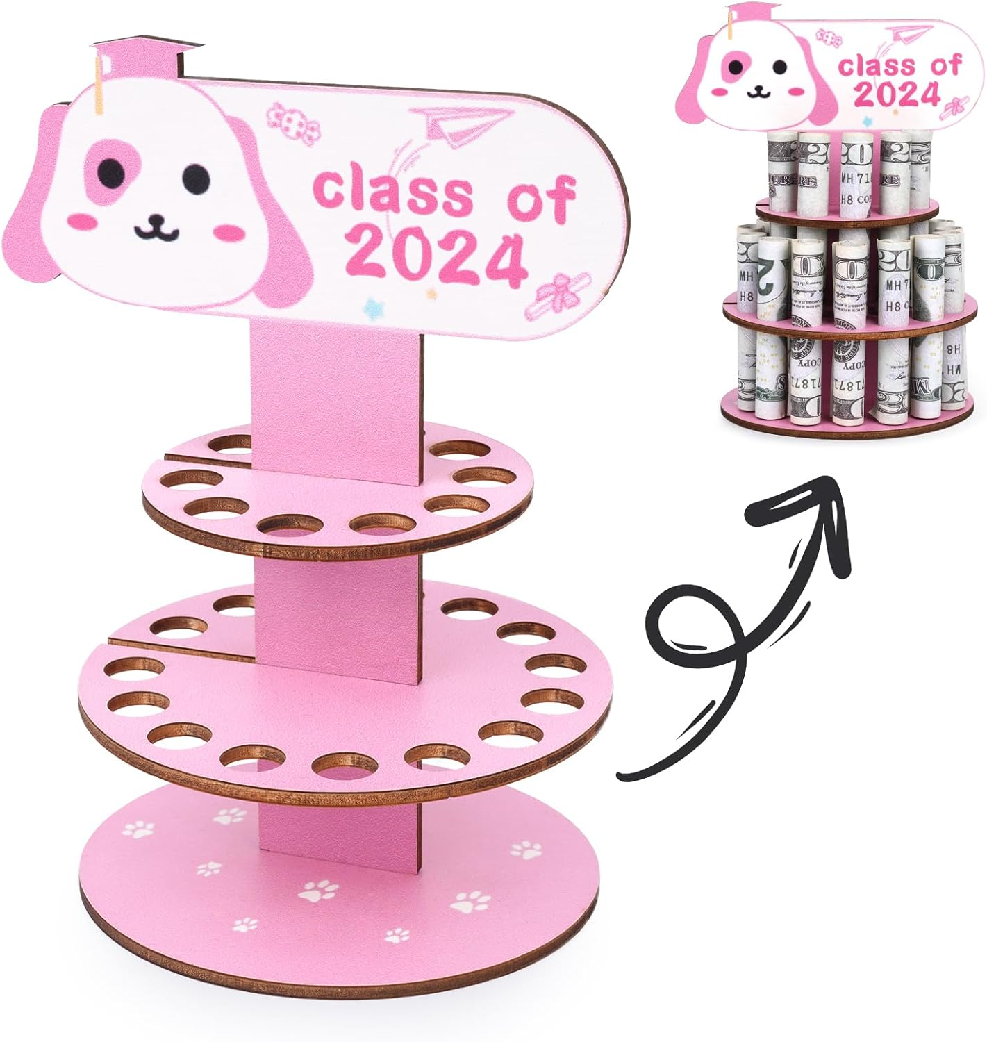 Graduation Money Holder 2024, Wooden Double Layer Graduation Money Cake with 25 Holes for Class of 2024 Gifts