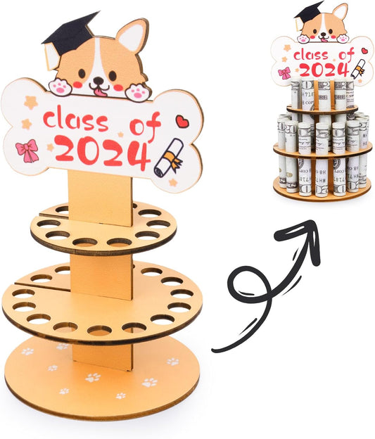 Graduation Money Holder 2024, Wooden Double Layer Graduation Money Cake with 25 Holes for Class of 2024 Gifts