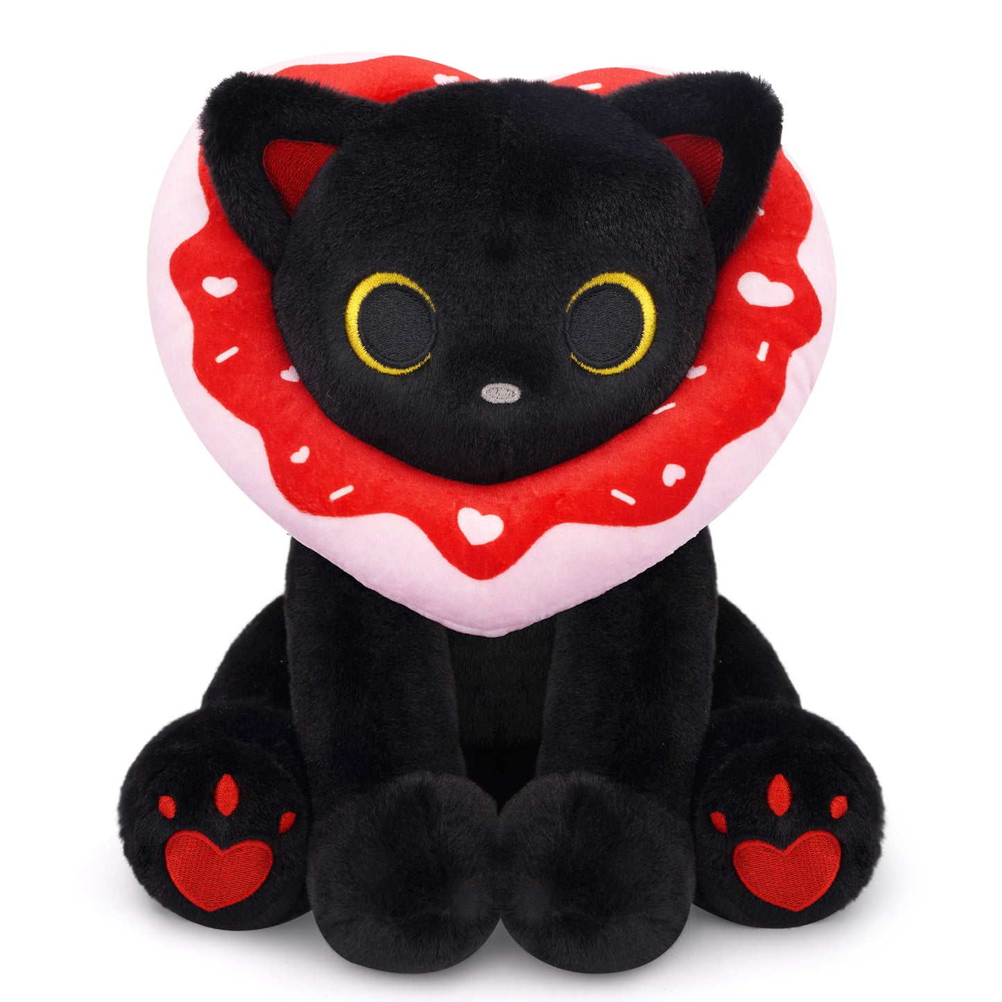 Black Cat Plush with Love Heart Donut Hood