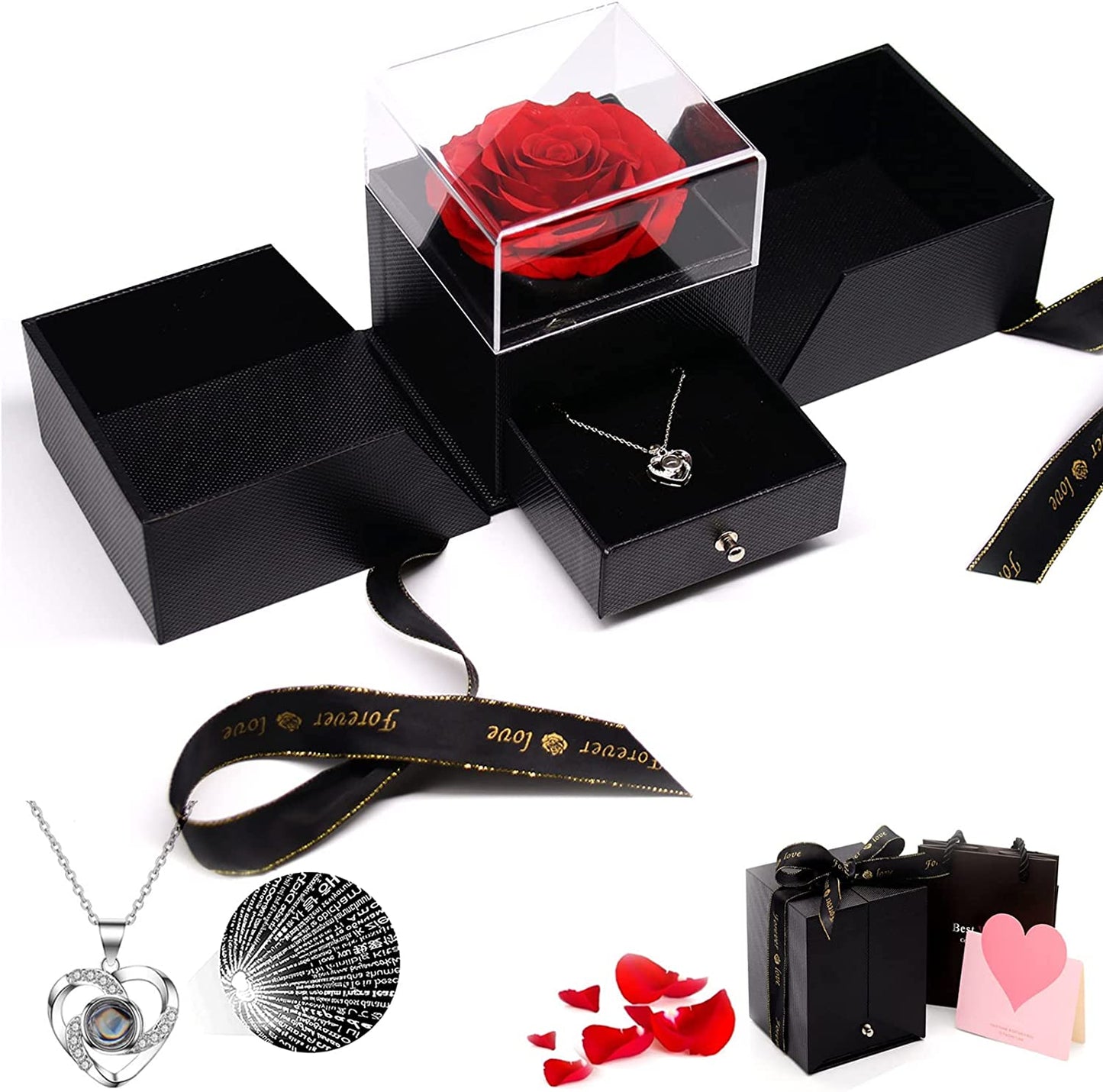 Preserved Rose with Love You Necklace in 100 Languages Gift Set, Enchanted Eternal Rose Flower for Valentine's Day Anniversary Wedding Bthday Romantic Gift