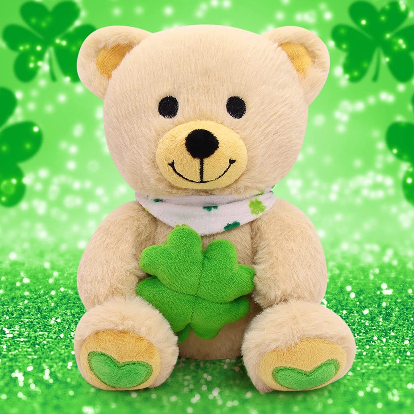 St.Patricks Day Decorations Teddy Bear Stuffed Animal for Kids, Cute Green Teddy Bear Plush with Four Leaf Clover, Kawaii Stuffed Bear Gifts for Kids Her Him Valentines Day Gifts Easter