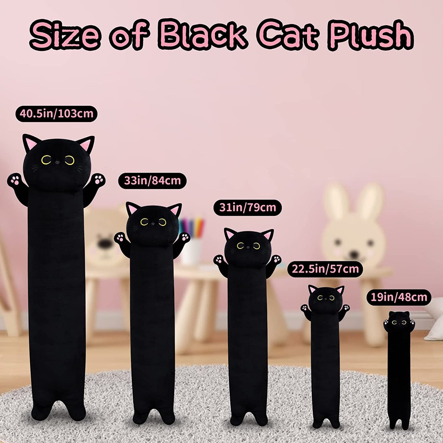 Long Cat Plush Long Plush Body Toy, Cute Long Cat Stuffed Animals Soft Long Cat Plushie, Black Cat Plush Kawaii Cartoon Stuffed Cat Toys for Kids Birthday Christmas Valentines Day Gifts