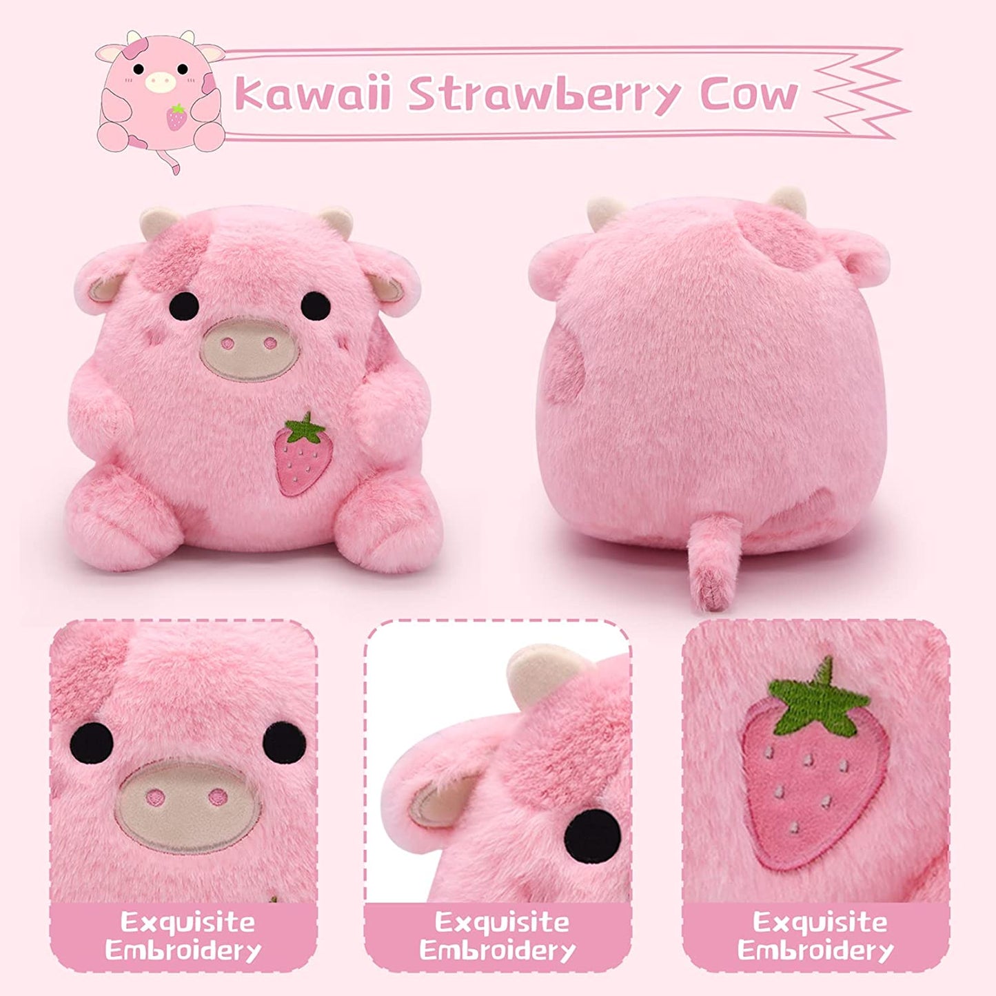 Strawberry Cow Plushie Pillow Cow Stuffed Animal Toys, Cute Strawberry Cow Plush Home Decorations, Soft Stuffed Cow Doll Lovely Gifts for Kids (Strawberry Cow)
