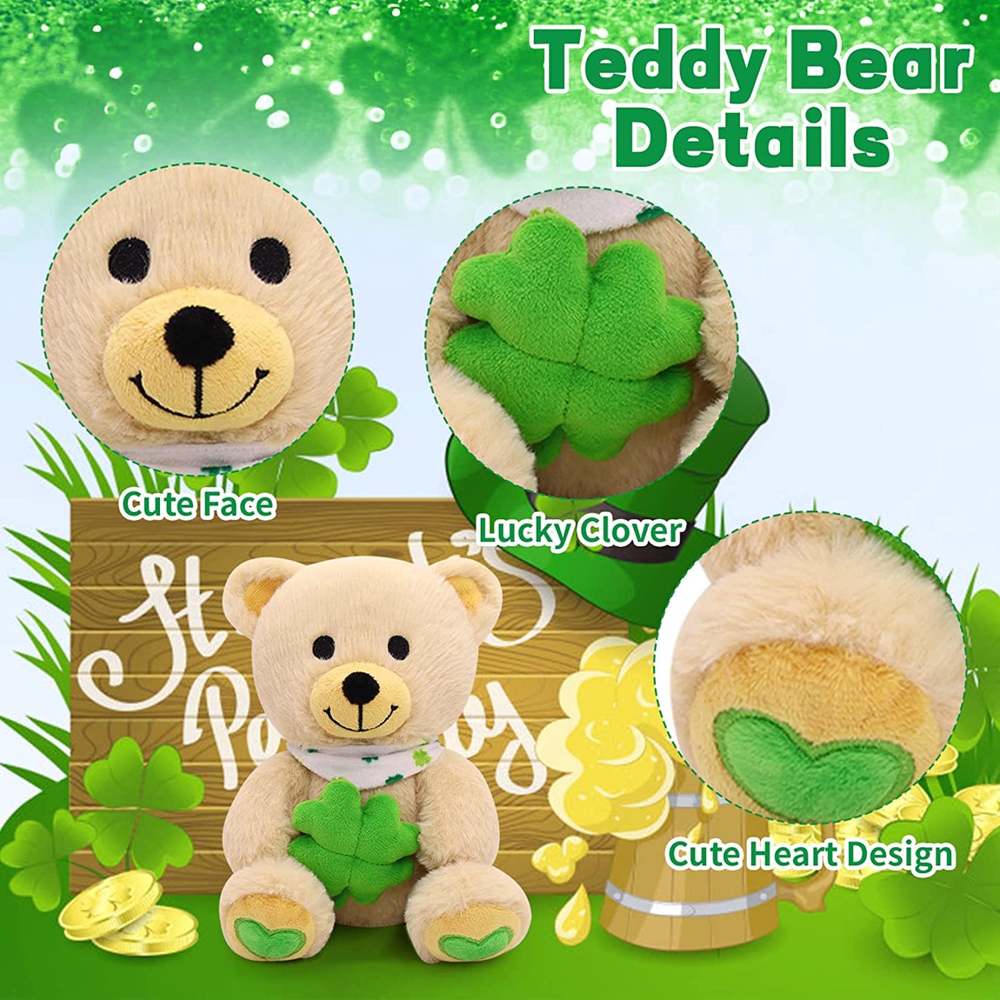 St.Patricks Day Decorations Teddy Bear Stuffed Animal for Kids, Cute Green Teddy Bear Plush with Four Leaf Clover, Kawaii Stuffed Bear Gifts for Kids Her Him Valentines Day Gifts Easter