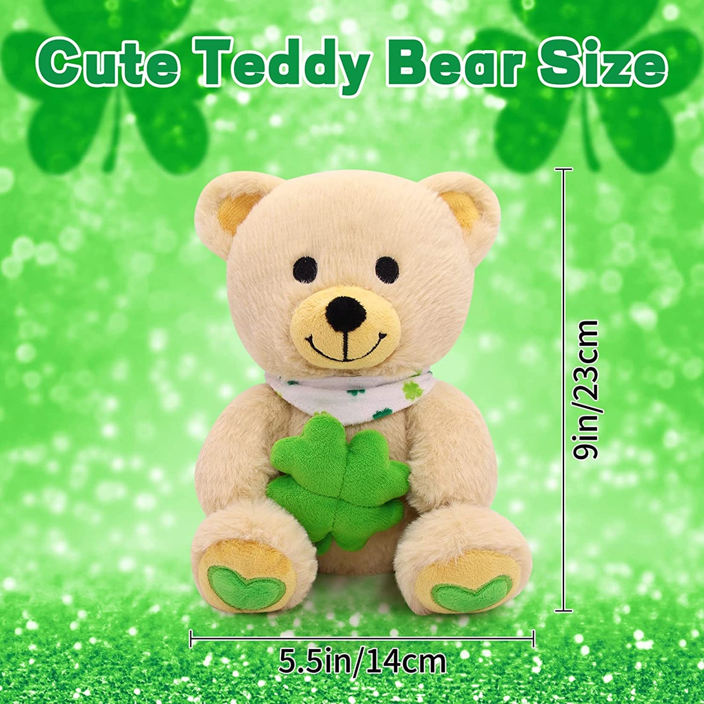 St.Patricks Day Decorations Teddy Bear Stuffed Animal for Kids, Cute Green Teddy Bear Plush with Four Leaf Clover, Kawaii Stuffed Bear Gifts for Kids Her Him Valentines Day Gifts Easter