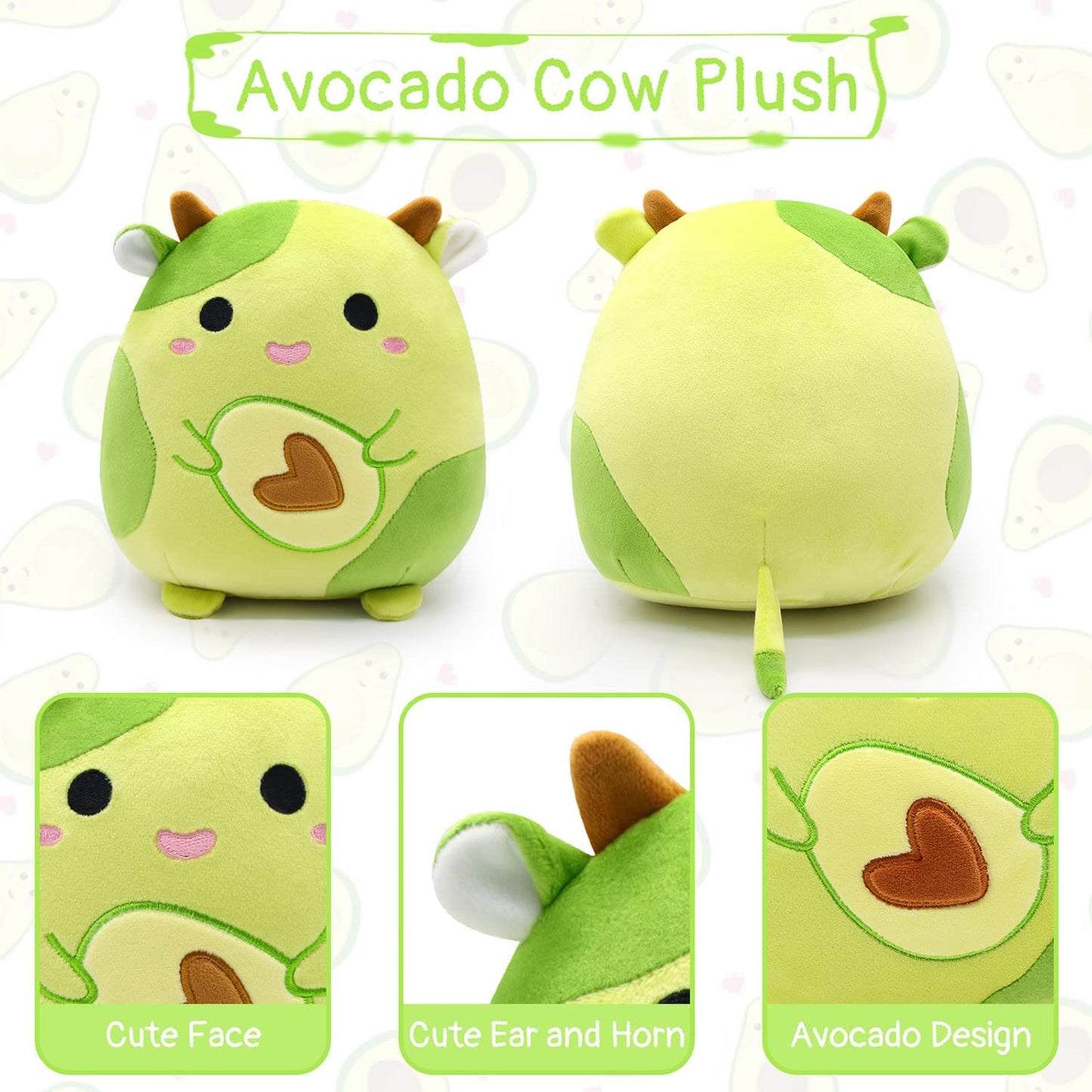 Cow Stuffed Animal Cow Plush Pillows Toys, Kawaii Cow Plushie Green Avocado Plush Stuffed Cow Plush Toy, 3D Cute Soft Avocado Cow Pillow for Kids Friend Christmas Birthday Gifts Home Car Decoration