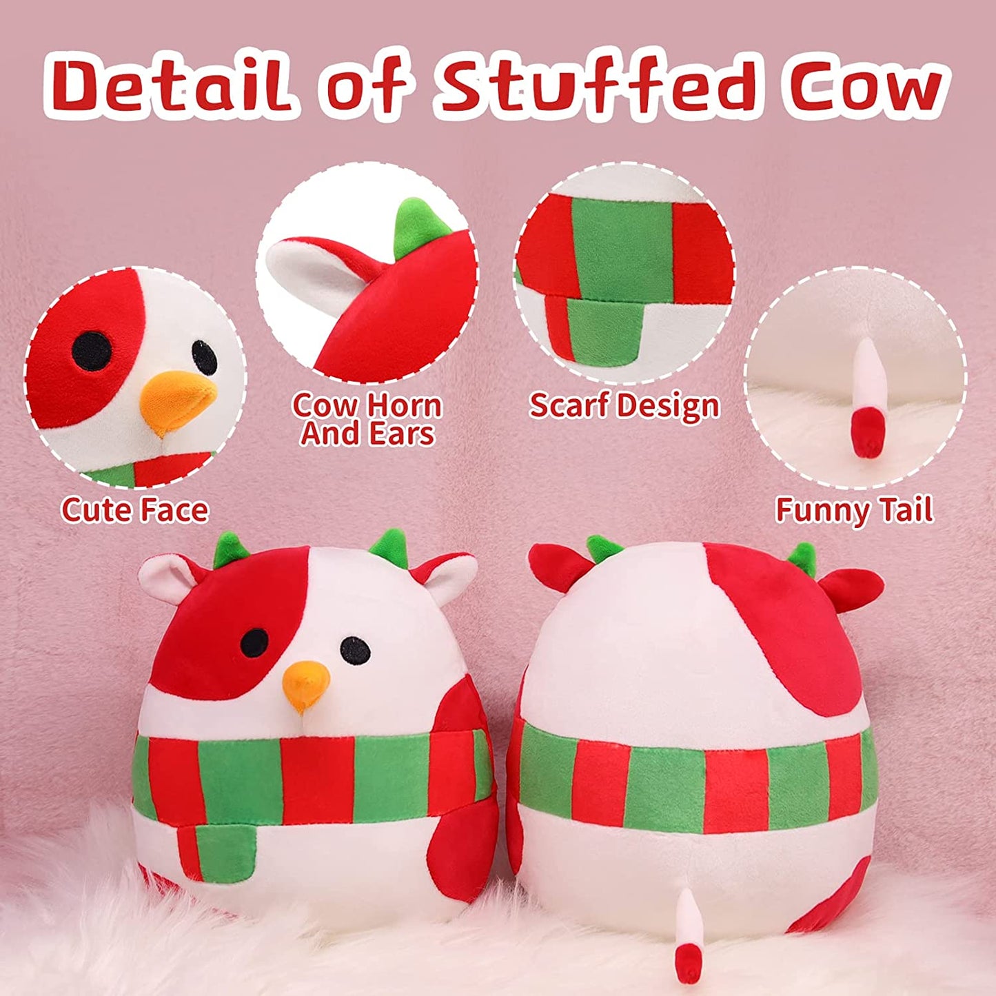 Cow Plush Toy - 3D Cute Cow Stuffed Animals Pillow Toy - Kawaii Cow Plush - Cow Pillow Plush for All Ages - Gift for Christmas Birthday Children's Day Home Decoration