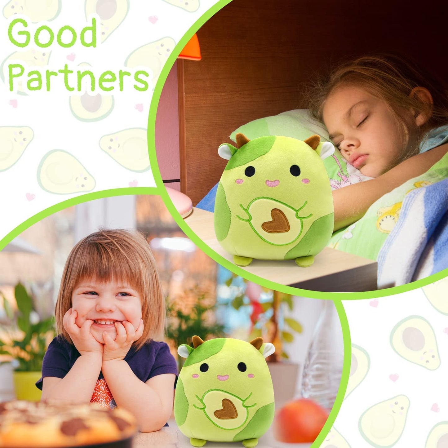 Cow Stuffed Animal Cow Plush Pillows Toys, Kawaii Cow Plushie Green Avocado Plush Stuffed Cow Plush Toy, 3D Cute Soft Avocado Cow Pillow for Kids Friend Christmas Birthday Gifts Home Car Decoration