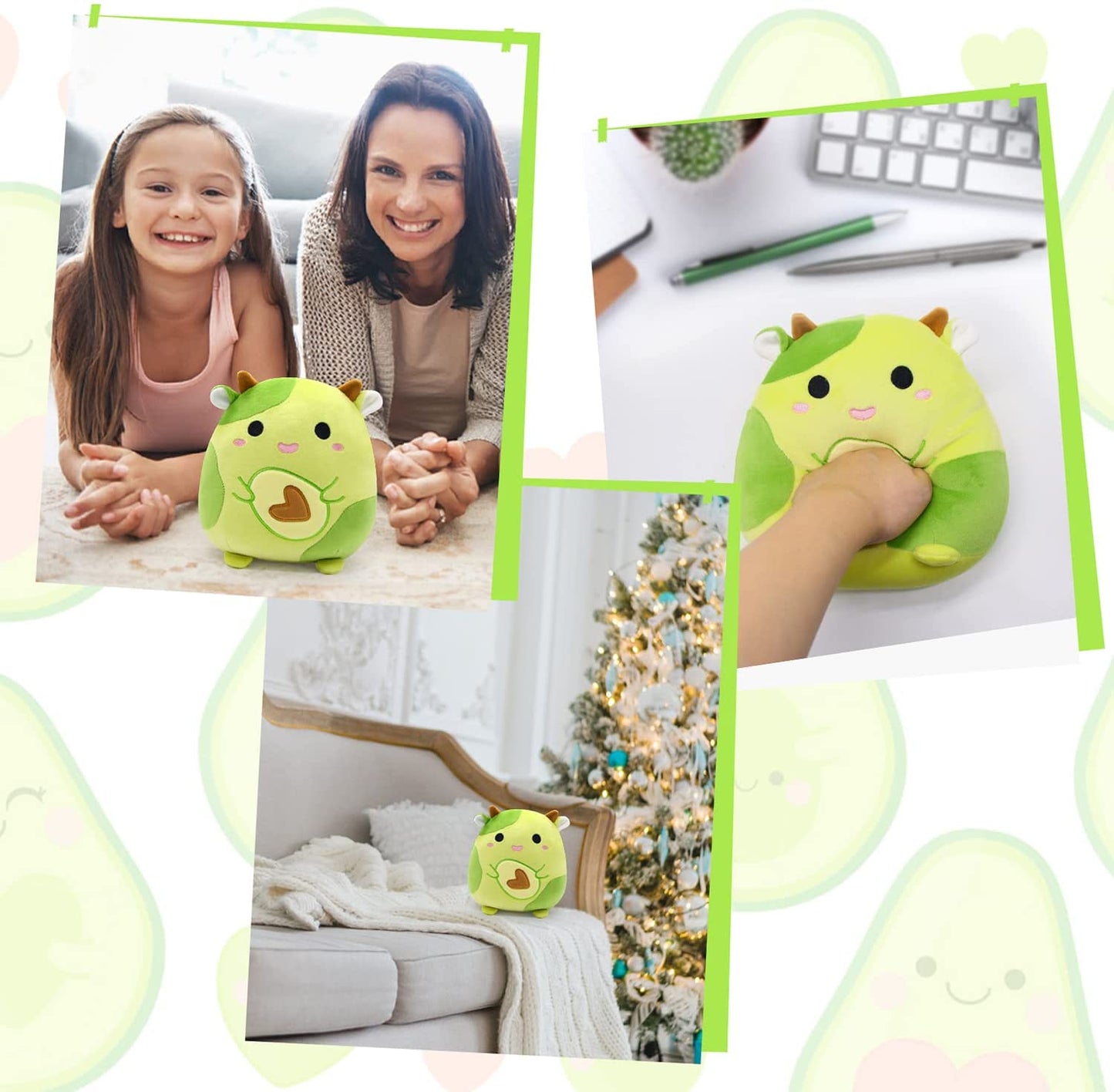 Cow Stuffed Animal Cow Plush Pillows Toys, Kawaii Cow Plushie Green Avocado Plush Stuffed Cow Plush Toy, 3D Cute Soft Avocado Cow Pillow for Kids Friend Christmas Birthday Gifts Home Car Decoration
