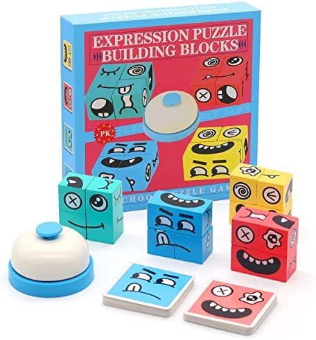 Wooden Face Changing Magic Cube Game Building Uzzle Blocks Expressions Building Puzzle Blocks Toy with Bell - Montessori Learning Parent-Child Toys for Kids Ages 3 Years +
