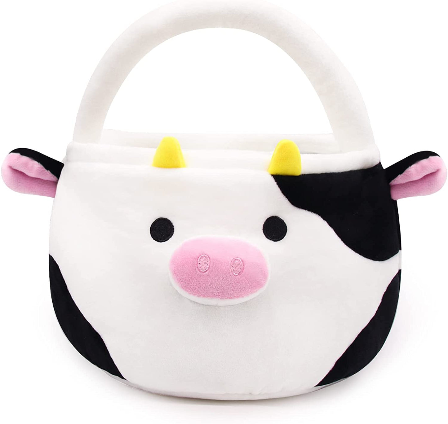 Easter Basket for Kids Cute Black Cow Easter Basket with Handle, Large Easter Bags for Easter Egg Hunting Easter Theme Party Favor Kawaii Easter Gifts for Girls Boys