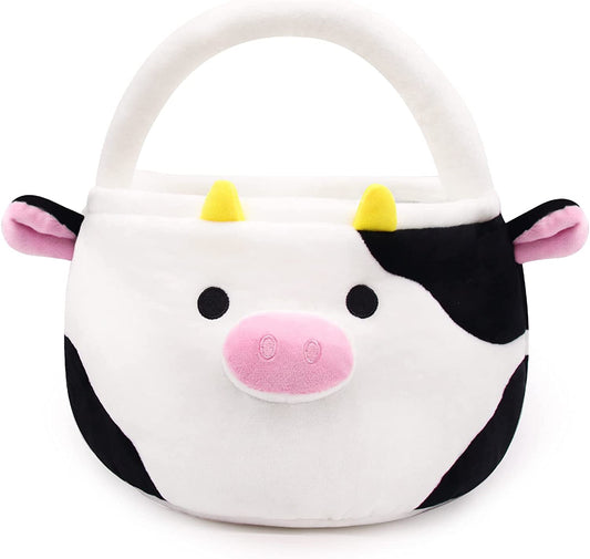 Easter Basket for Kids Cute Black Cow Easter Basket with Handle, Large Easter Bags for Easter Egg Hunting Easter Theme Party Favor Kawaii Easter Gifts for Girls Boys