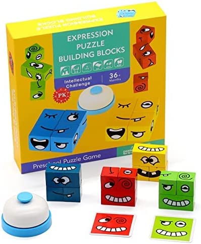 Bell Yellow Uzzle Puzzle Building Wooden Blocks Face-Changing with Bell Expressions Matching Cube Game Toy