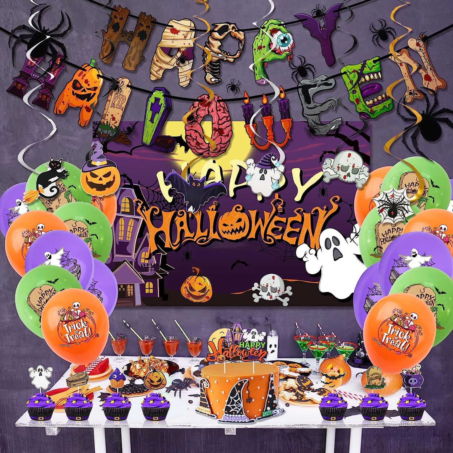 Halloween Party Decorations, Halloween Themed Party Supplies with Happy Halloween Banner Balloons Spider Cake Toppers Swirl Streamers Party Backdrop for Halloween Birthday Indoor Set Halloween Decor