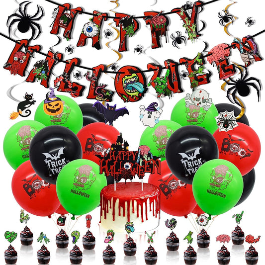 Halloween Party Decorations, Halloween Themed Party Supplies with Happy Halloween Banner Halloween Balloons Spider Cake Topper Swirl Streamers for Halloween Birthday Decorations Indoor outdoor Set