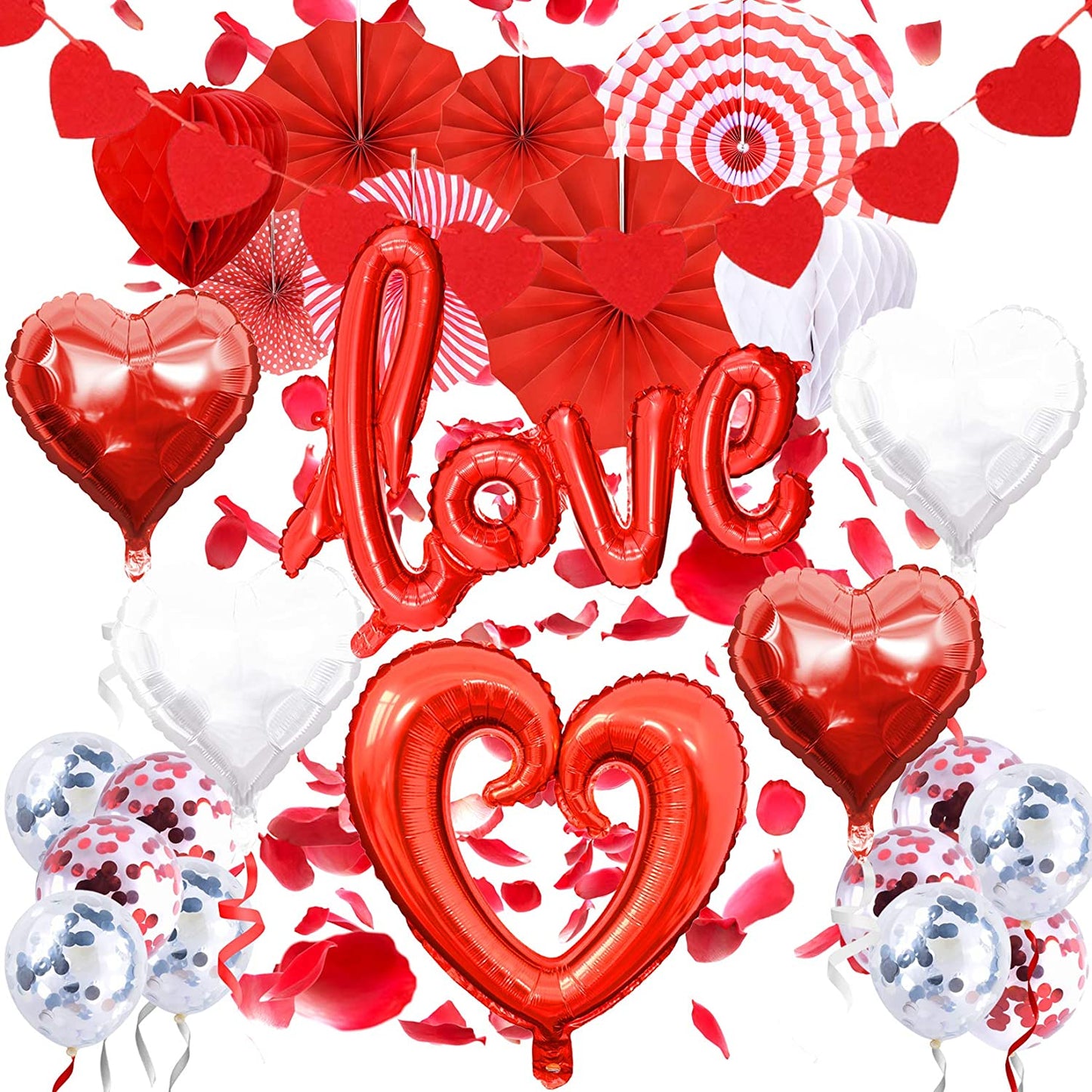 valentines day decor Balloons Kit Red Love Foil Balloons Latex Balloons Red Honeycomb Ballsballoons w/ 1000pcs Artificial Rose petals,1 Pieces LED String Lights Valentines-Day Party Supplies