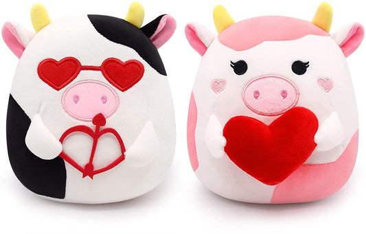 Cow Plush Toy, Valentine's Day Plush, 2 Pieces Cow Plush Toy, Valentines Classroom Price Gifts Exchange for Boys Girls Valentine's Day Decoration Gift for Boys Girls Adults