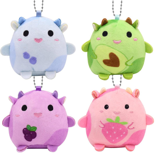 4Pcs Cute Cow Plush Cow Stuffed Animal Toys, Kawaii Strawberry Cow Plush Blueberry Cow Plush Avocado Cow Grape Cow Plushie Set, Soft Plush Keychains Stuffed Cow Toy for Kids Christmas Birthday Gifts